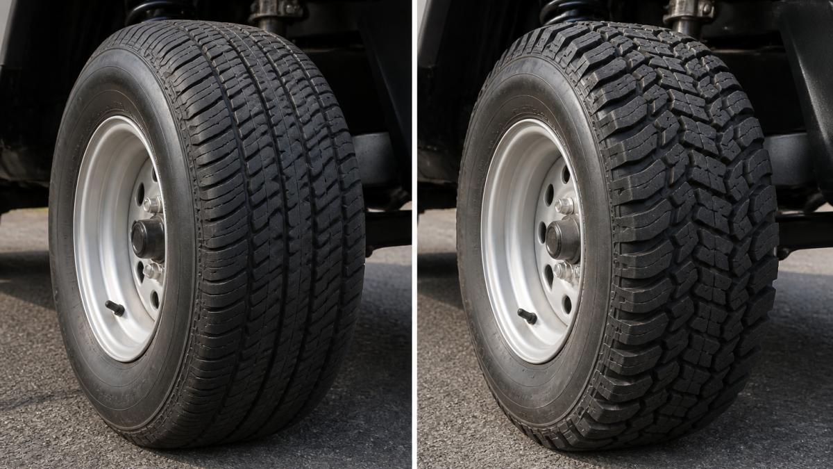 Close-up of a golf cart wheel displaying a street tire with visible tread pattern and steel belt construction, mounted on a rim, photographed outdoors on asphalt pavement