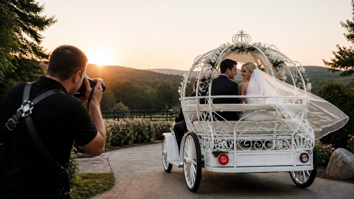 A newlywed couple riding in a decorated white carriage-style golf cart at sunset, bride's veil flowing, photographer capturing the send-off on a scenic venue path