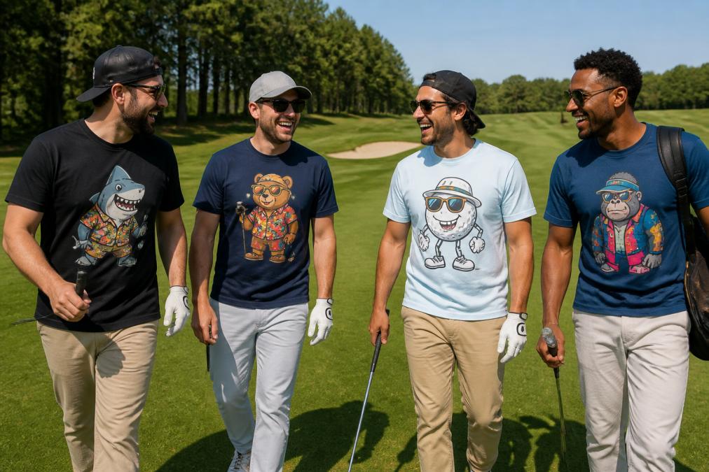 Group of male golfers on a sunny fairway wearing colorful graphic golf tees with bold prints, laughing together while walking toward the green, relaxed clubhouse style