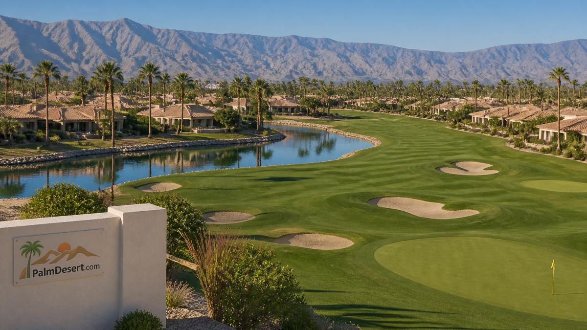 Aerial view of a championship golf course surrounded by luxury golf course communities with desert mountain views