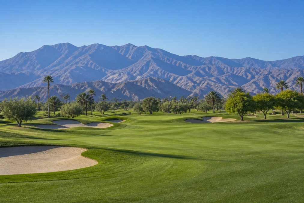 Wide-angle view of a manicured desert golf fairway with distant mountain ranges under clear blue sky, showing undulating terrain and strategic bunker placement