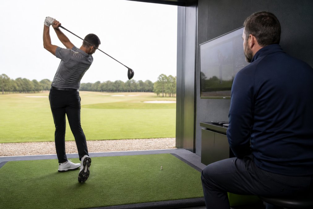 Golfer using a launch monitor during a custom fitting to find the best golf driver for distance 2026