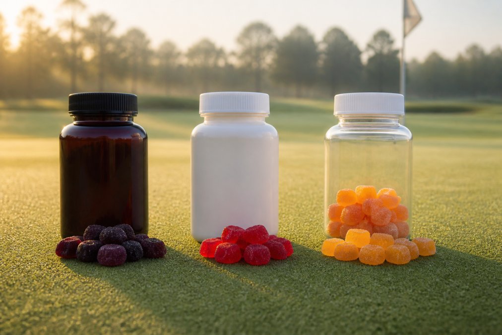 A flat lay of three different supplement containers and gummies arranged on a golf green, with a flagstick blurred in the background under soft morning light