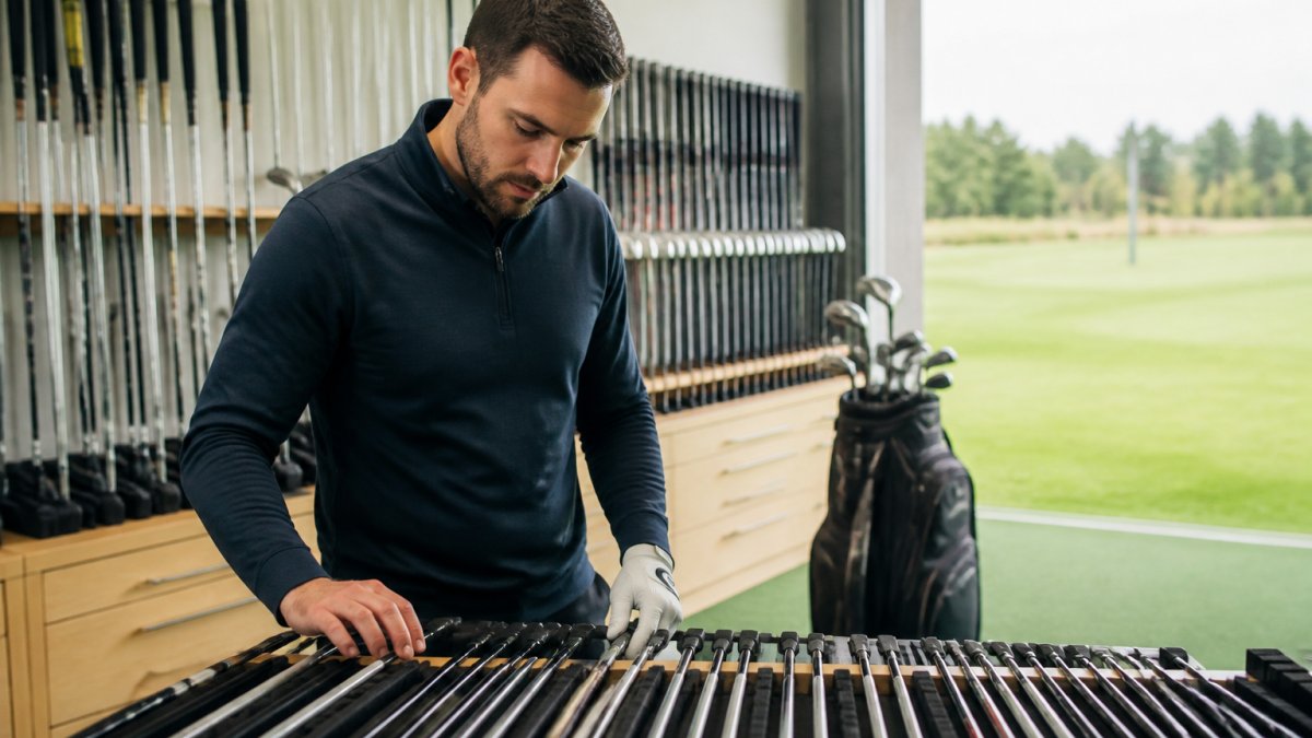 Golfer comparing various iron shafts during a custom fitting session in a bright studio
