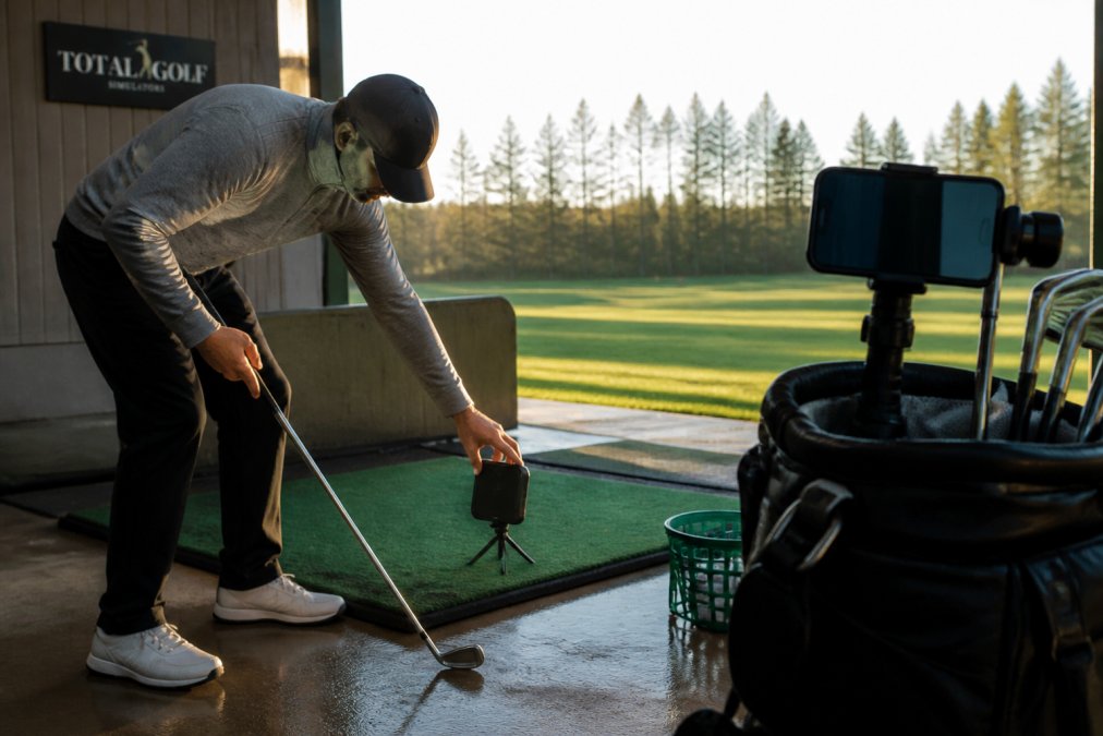 Golfer using a portable launch monitor on a range mat while viewing swing data on a smartphone screen