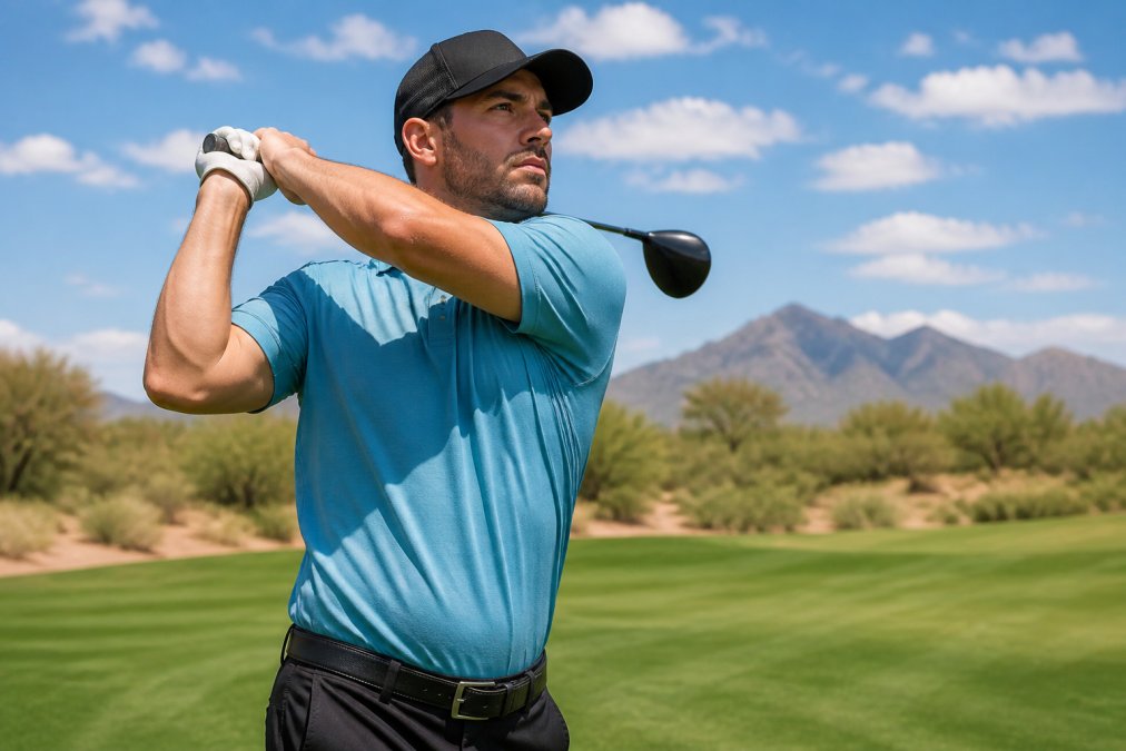 Golfer swinging on a sunny course wearing a breathable, dry-fit golf polo shirt for summer comfort.