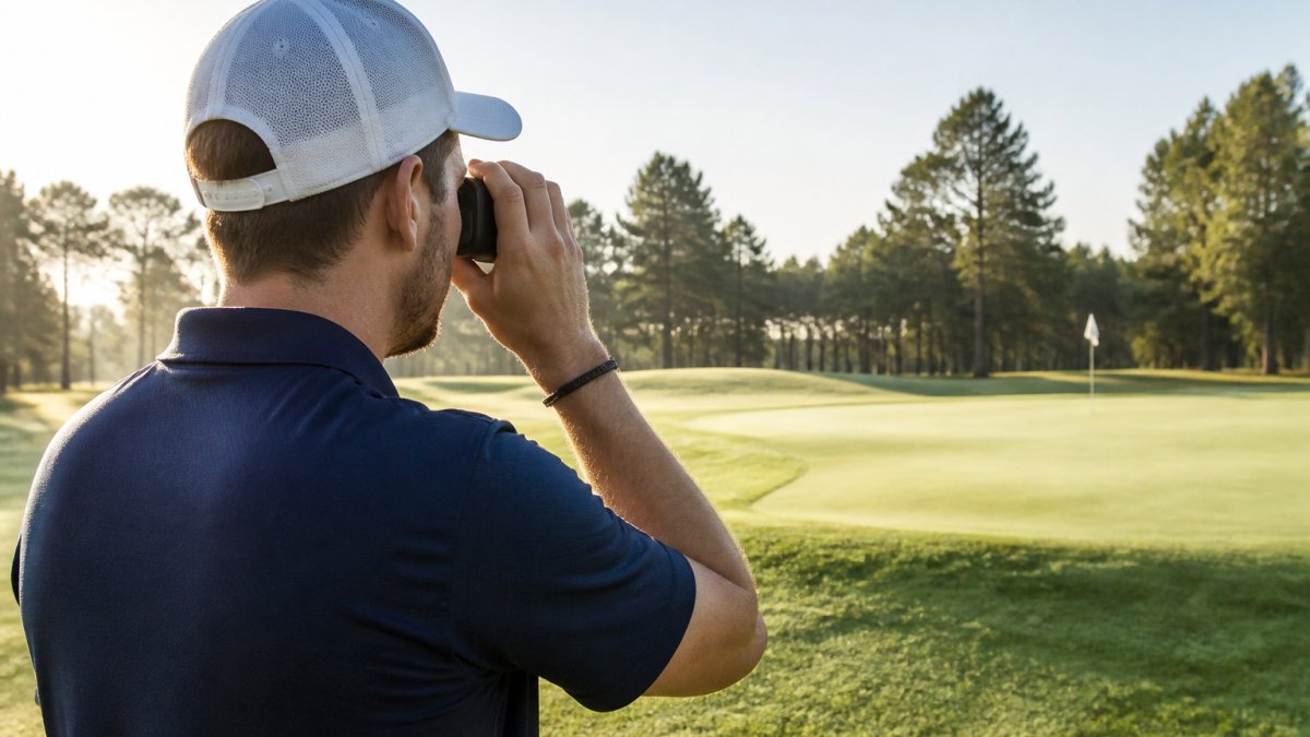 Golfer aiming a laser rangefinder at a distant flag on a sunny green fairway