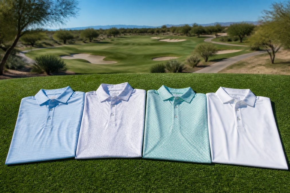 A flat lay of four different performance golf polos in light colors, arranged on a bright green outdoor surface, with a golf course and blue sky visible in the background