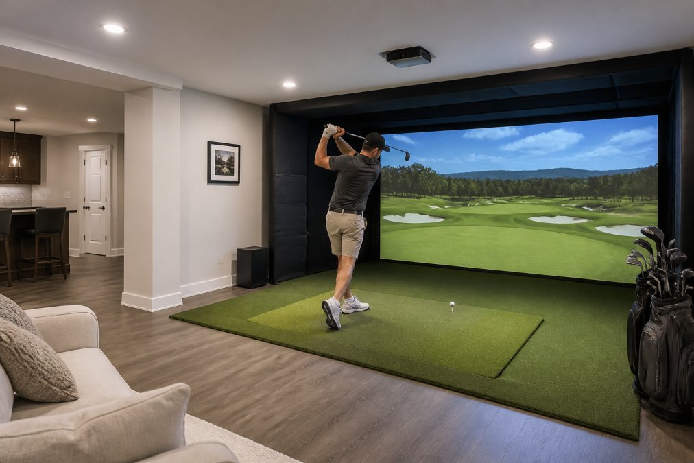 A finished basement golf simulator setup with a large impact screen, hitting mat, and a golfer mid-swing, showing a realistic indoor environment