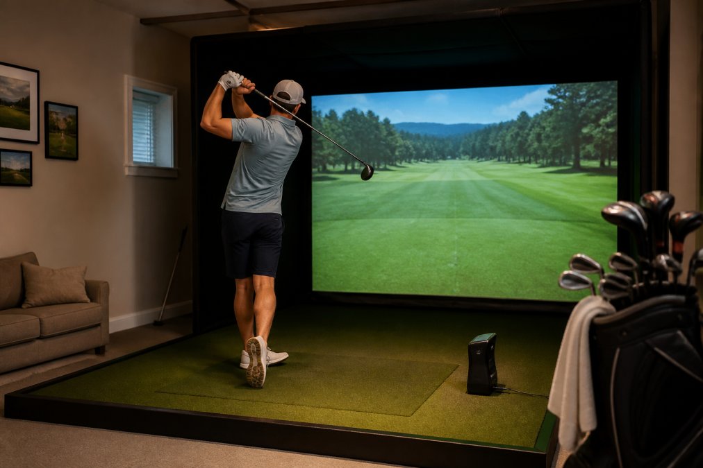 A golfer mid-swing inside a home simulator bay, with a bright impact screen showing a virtual fairway and a launch monitor on the floor near the hitting mat
