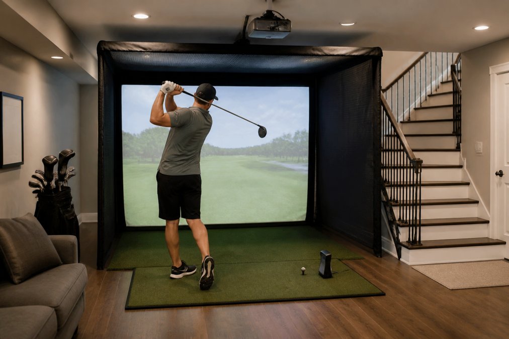Compact golf simulator setup in finished basement with golfer mid-swing, showing collapsible enclosure, hitting mat, and projector screen mounted overhead in tight residential space with warm lighting