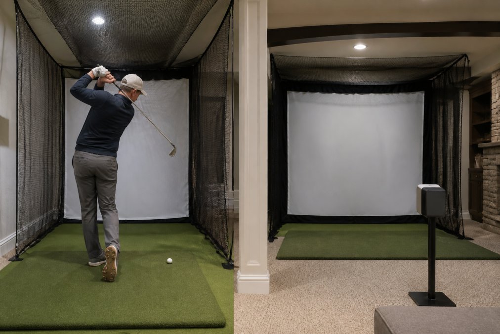 A golfer taking a full swing inside a compact home golf simulator enclosure in a finished basement with low ceiling, showing the netting and impact screen close to the hitter