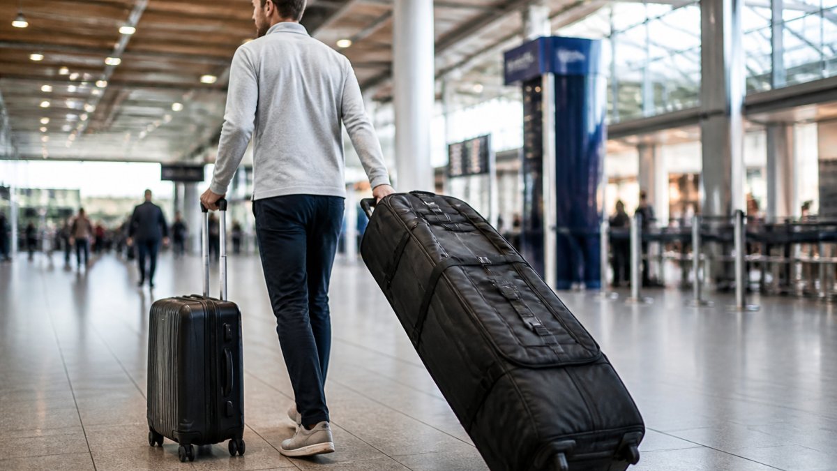 Golfer pulling a wheeled travel bag through a busy airport terminal