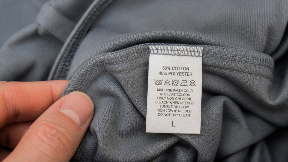 Close-up of apparel seams, fabric texture, and care label showing material composition and washing instructions, highlighting durability markers