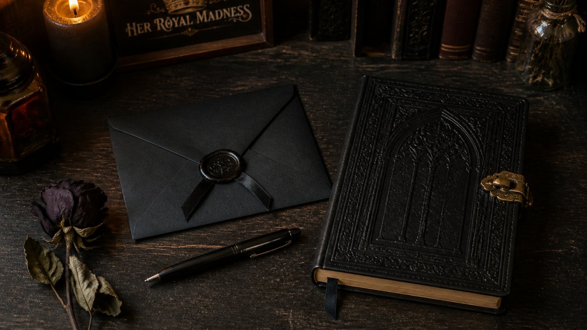 Black wax-sealed envelope and gothic journal with a dried rose on a dark wooden desk under moody candlelight.