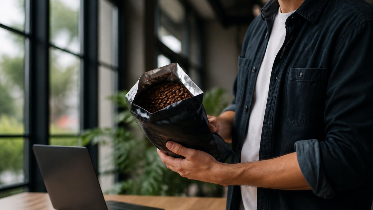 A close-up of a person's hands holding a bag of freshly roasted coffee beans next to a laptop on a clean home office desk, with soft natural light