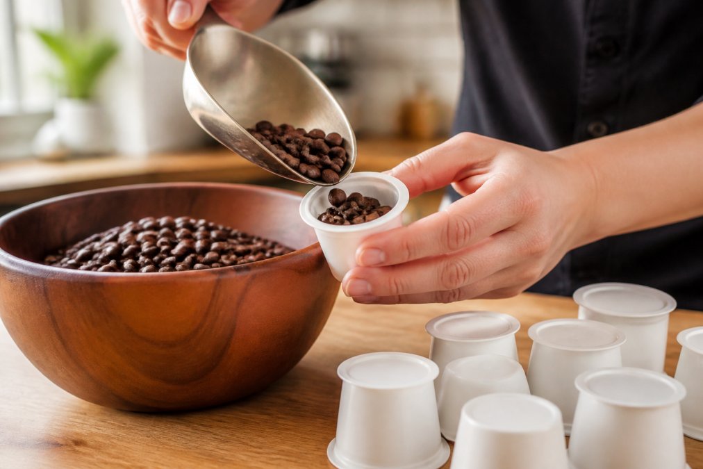 Close-up of freshly roasted coffee beans being scooped into a pod, with a warm, inviting kitchen background