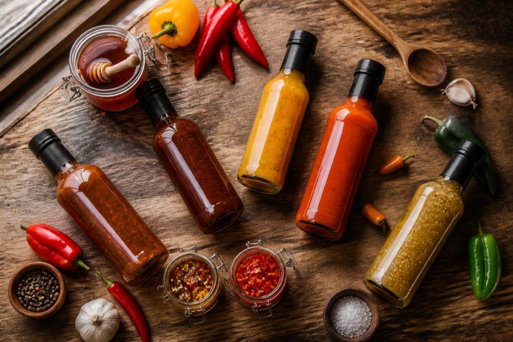 Flat-lay overhead shot of several artisanal sauce bottles and chilli vinegar jars arranged on a rustic wooden kitchen counter with fresh red and green peppers, a honey jar, and a wooden spoon nearby, warm natural window light