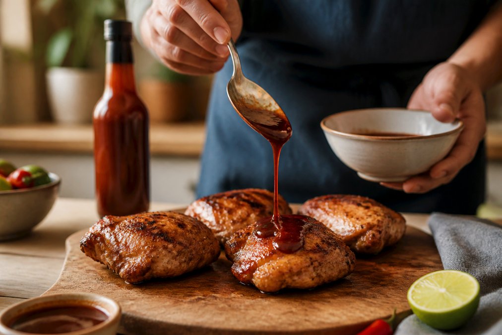 Home cook drizzling a dark, glossy sauce over golden-brown grilled chicken thighs on a wooden chopping board in a warm, well-lit kitchen, sauce bottle visible in background