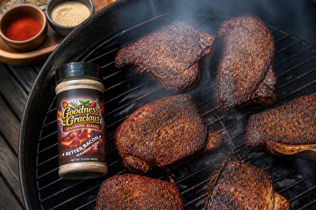 Overhead view of seasoned meats on a grill grate with smoke rising, showing the char and crust created by dry rubs, with regional spice blends visible nearby