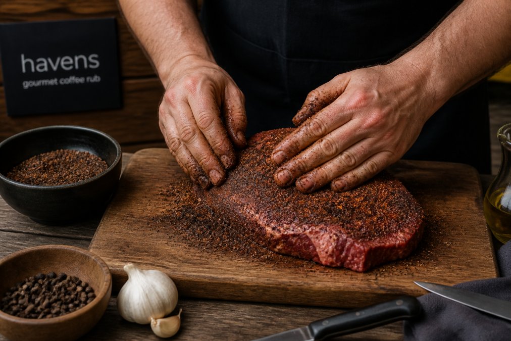 Hands coating a raw steak with a dark coffee-based dry rub on a wooden cutting board