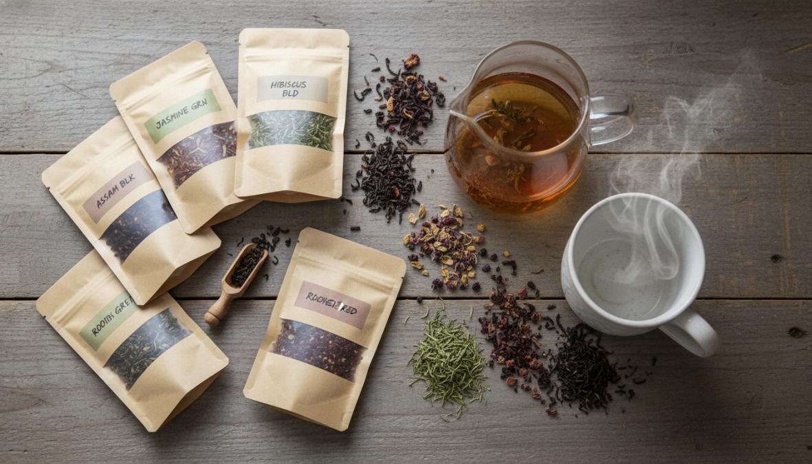 Flat-lay overhead shot of several small kraft pouches of loose leaf tea arranged on a natural wood surface alongside a glass tea infuser, ceramic mug, and scattered dried jasmine and oolong tea leaves in warm natural light