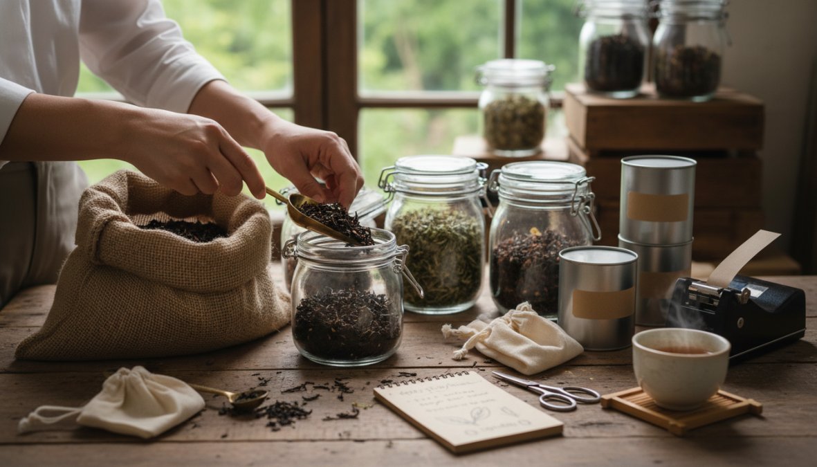 Close-up of hands pressing down the lid on an airtight matte black tin canister of loose leaf tea on a wooden kitchen counter, with several other labeled tea tins and a wooden tea scoop arranged behind it in soft natural light