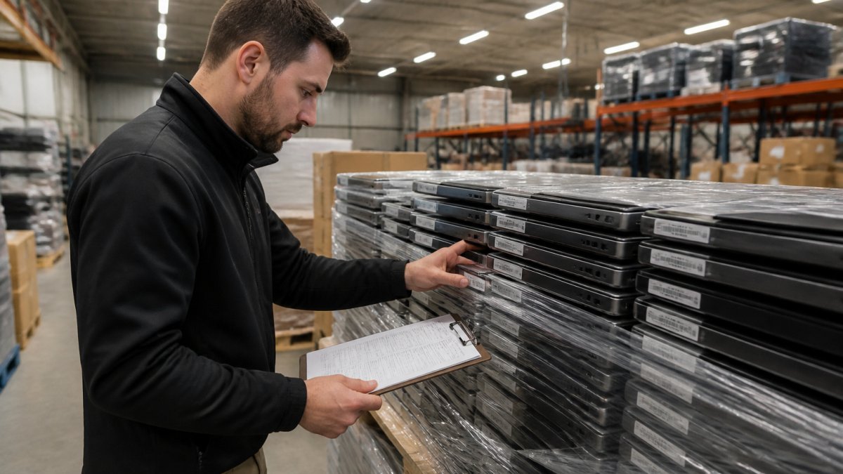 A small business owner in a warehouse inspecting a pallet of used government surplus laptops, checking serial numbers against a printed manifest with a clipboard in hand, overhead fluorescent lighting
