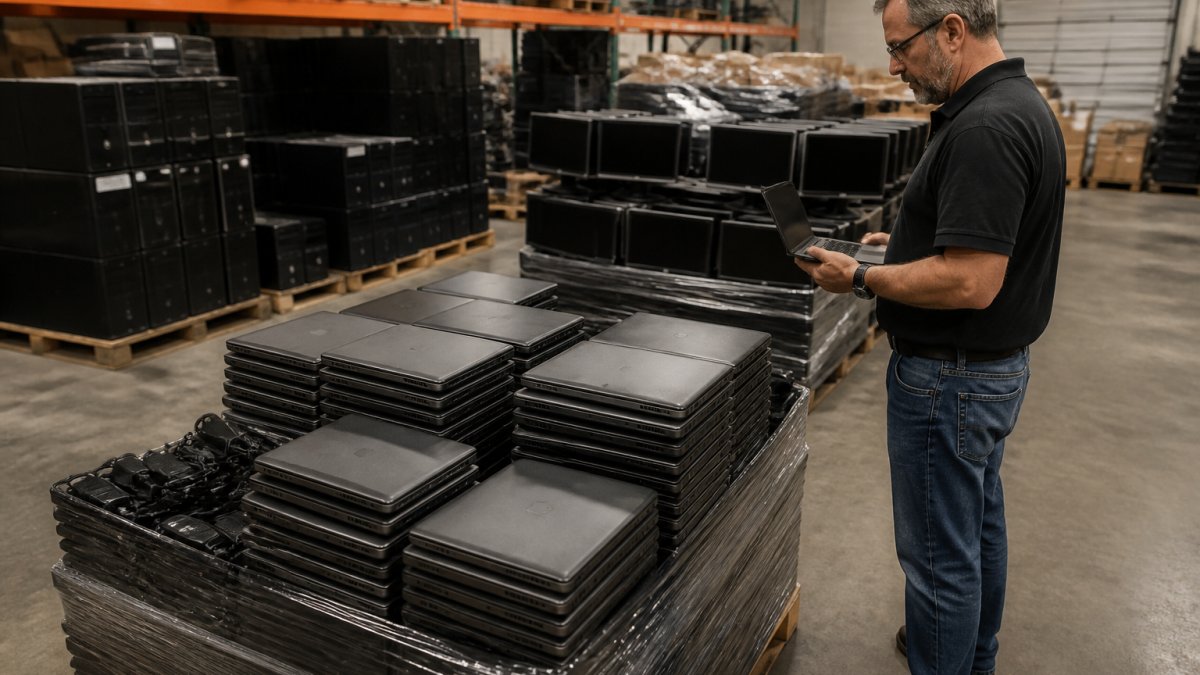Buyer inspecting a pallet of government surplus laptops and monitors found on surplus auction sites