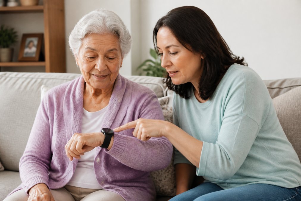 An elderly woman and her daughter checking a watch, one of the best gps trackers for elderly, in a living room.