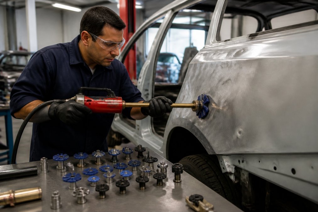 Technician using a glue pulling gradeatools alternative on an aluminum car panel with organized repair dies