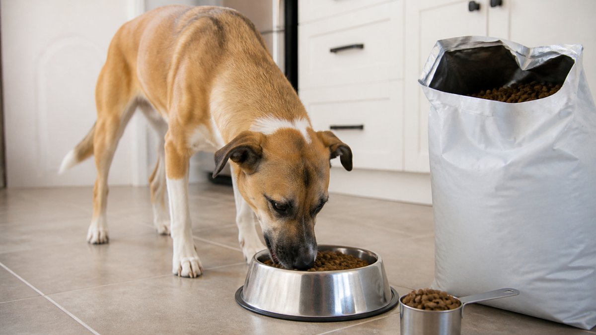 Medium-sized dog eating dry kibble from a stainless steel bowl on a tiled kitchen floor next to a measuring scoop
