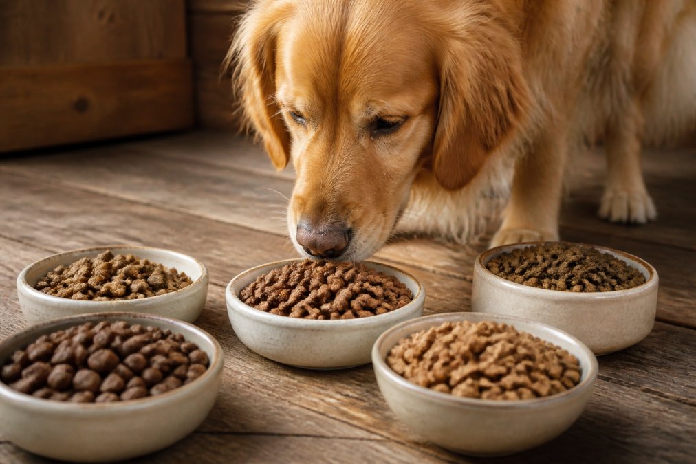 Close-up of several dry dog food kibble varieties arranged in small ceramic bowls on a rustic wooden surface, with a curious golden retriever sniffing one of the bowls in warm natural light