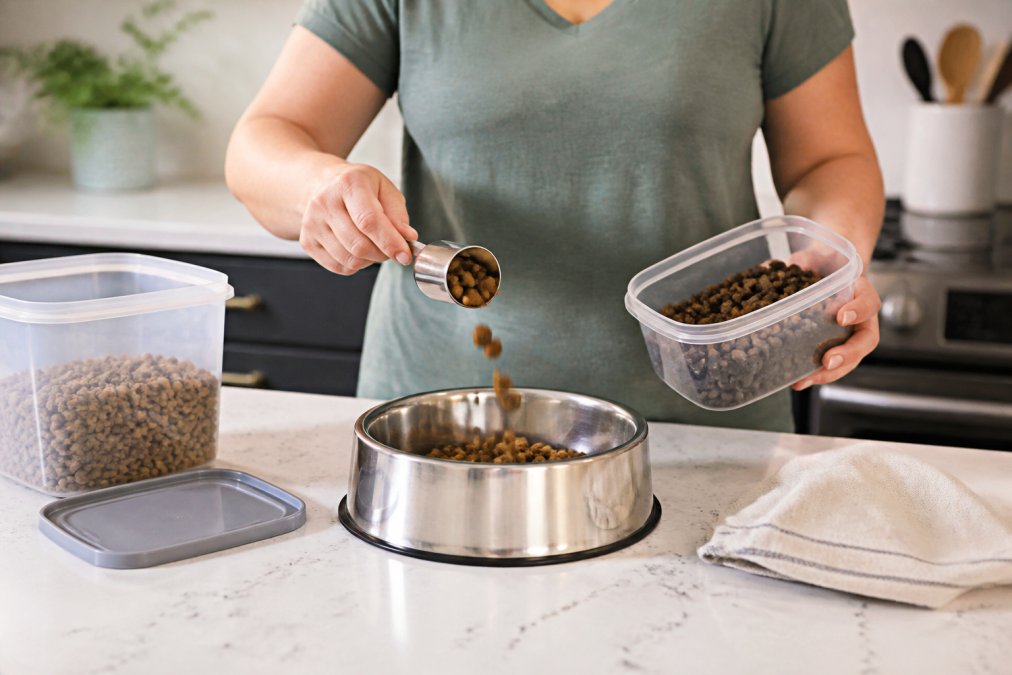 A person carefully measuring and mixing two types of dry dog kibble into a stainless steel bowl on a clean kitchen counter under warm overhead lighting