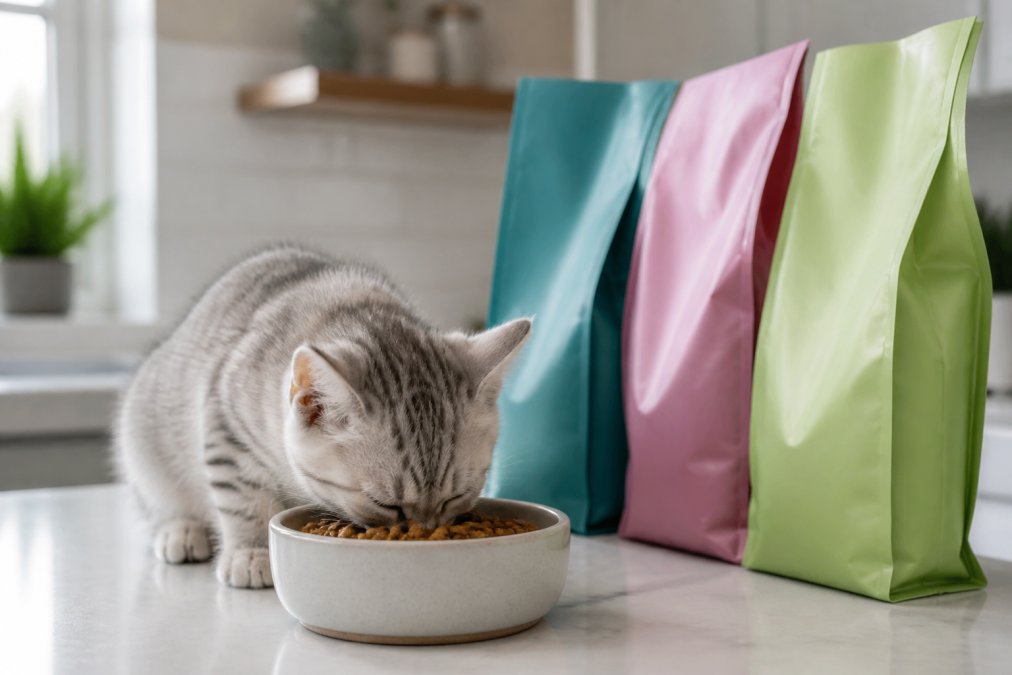 A healthy kitten eating from a ceramic bowl of dry kibble, with unopened bags of grain-free kitten food displayed on a clean kitchen counter in natural morning light