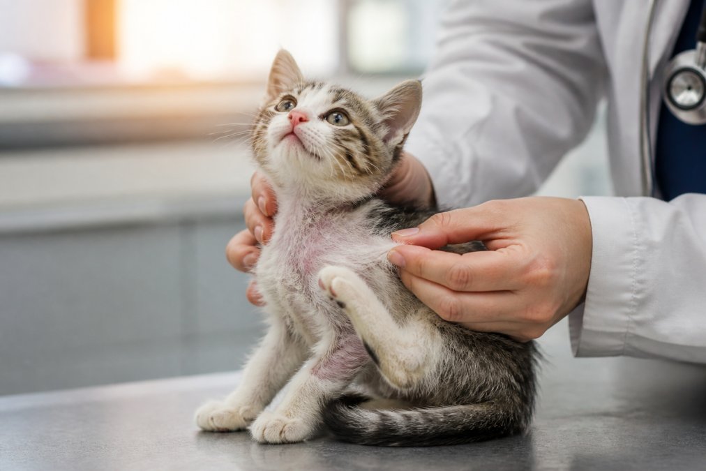 A young kitten being gently examined by a veterinarian's hands in a warm clinic setting, showing signs of mild skin irritation or scratching, with soft natural lighting