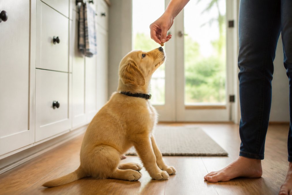 Puppy sitting attentively while a hand offers a small grain-free treat during a training session