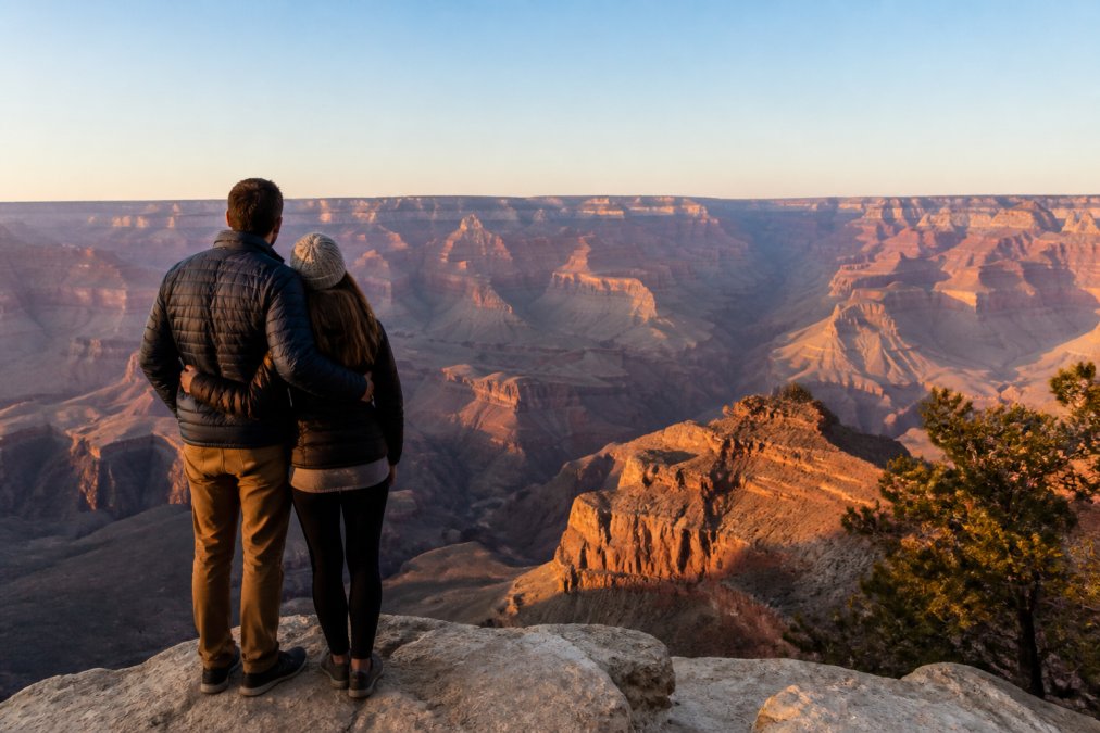 A couple standing close together at the South Rim's scenic overlook, arms around each other, gazing across the vast canyon layers at golden hour with a clear blue sky