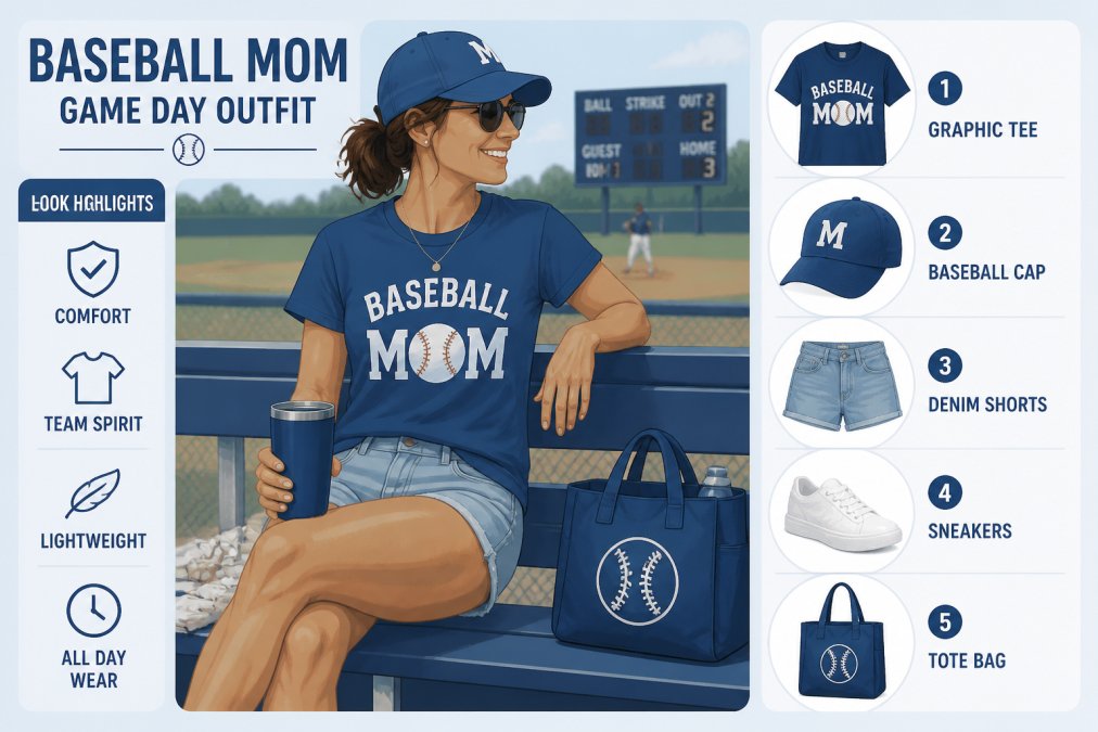 Baseball mom wearing a graphic tee with team colors, sitting in stadium bleachers during a game, showing casual comfortable style with shorts and sneakers