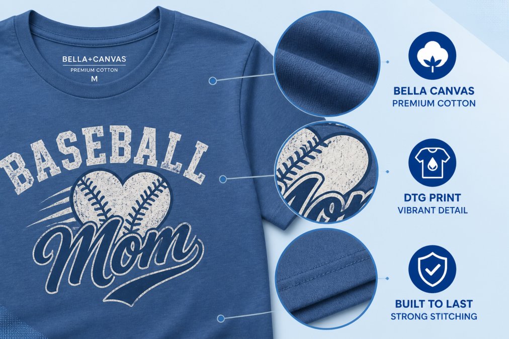 Close-up of premium Bella Canvas fabric texture and DTG print detail on a baseball mom graphic shirt, showing print quality and material craftsmanship