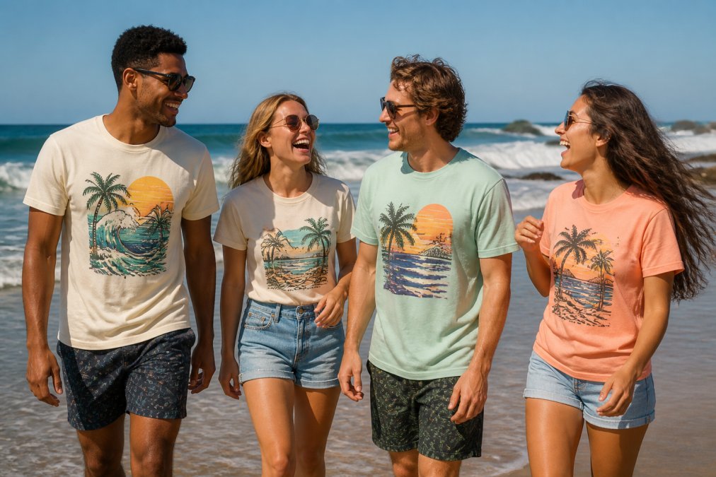 A group of friends wearing colorful graphic tees on a sunny beach, laughing and walking near the shoreline with ocean waves in the background