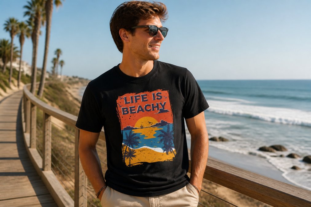Person wearing a vibrant graphic beach tee standing on a sunny beach boardwalk with ocean waves in the background, relaxed posture, golden afternoon light