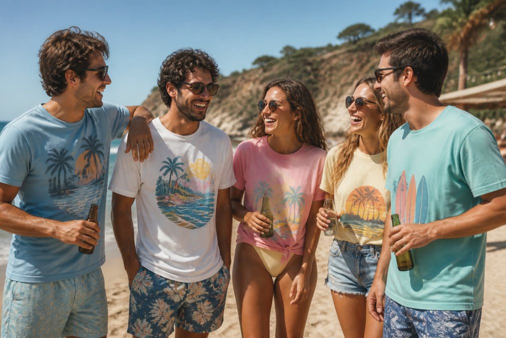 Group of friends at a beach gathering wearing different colorful graphic beach tees with tropical and beach-themed designs, relaxed poses, laughing together in natural sunlight