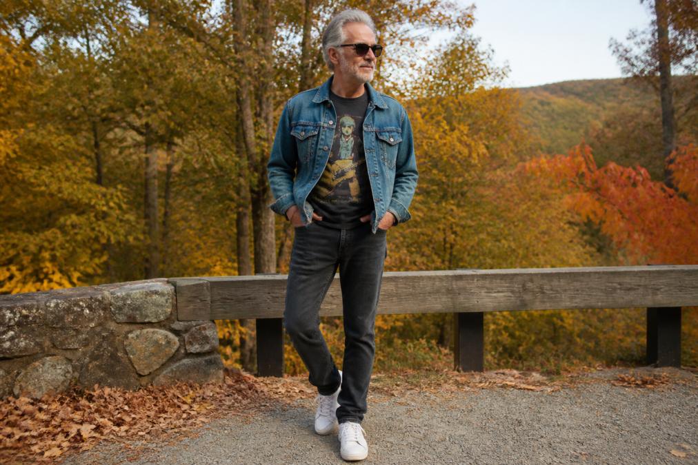 A man in his late 50s wearing a classic rock graphic tee with faded band artwork, styled casually with dark jeans, white sneakers, and a vintage denim jacket, standing confidently in natural outdoor lighting with autumn foliage behind him