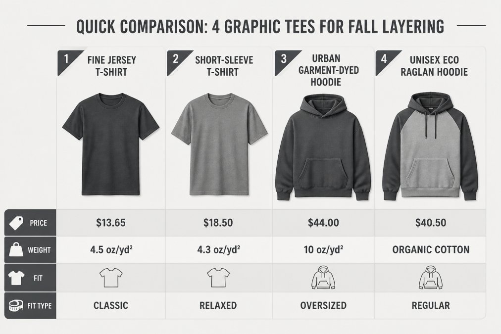 Feature comparison matrix of four Lone Wolf Art pieces: Fine Jersey T-Shirt $13.65, 4.5 oz/yd², classic fit; Short-Sleeve T-Shirt $18.50, 4.3 oz/yd², relaxed fit; Urban Garment-Dyed Hoodie $44.00, 10 oz/yd², oversized; Unisex Eco Raglan Hoodie $40.50, organic cotton, regular fit
