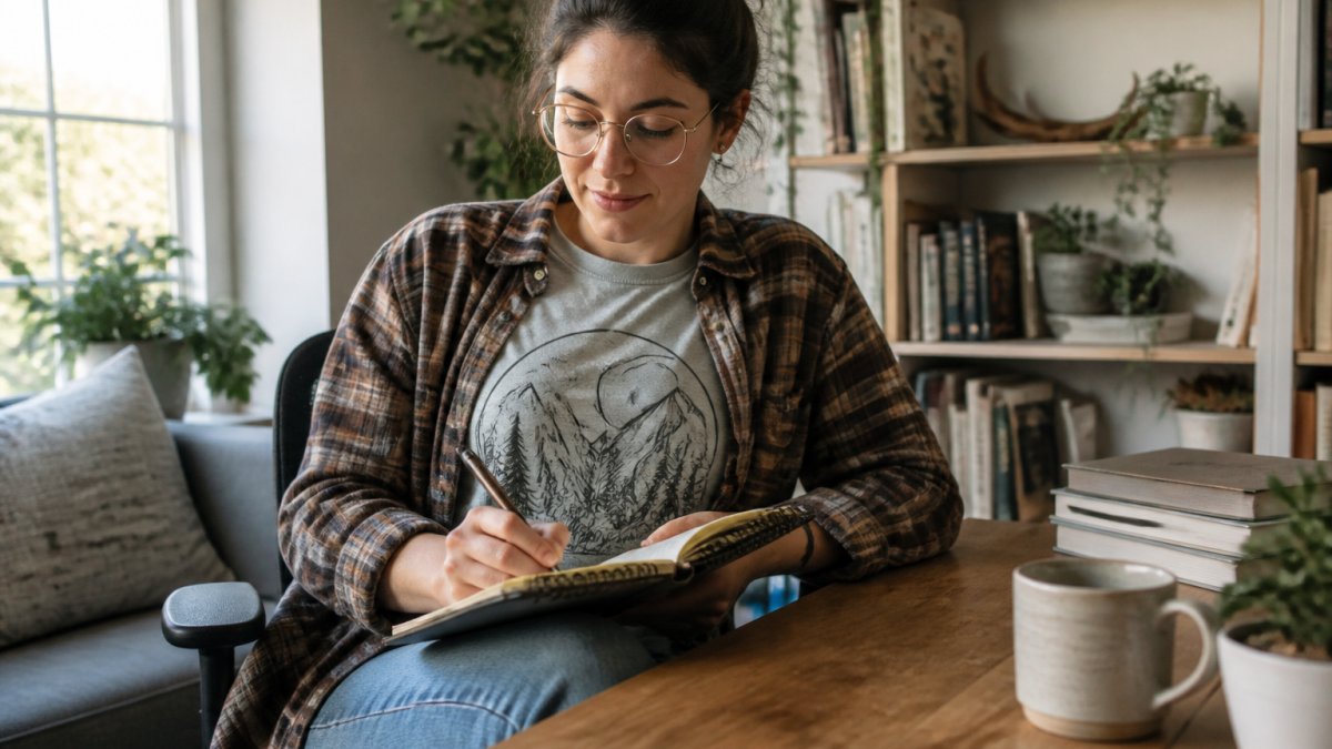 Person wearing a soft graphic tee layered under an open flannel shirt in muted earth tones, paired with comfortable jeans, sitting at a wooden desk in a bright home office with natural window lighting