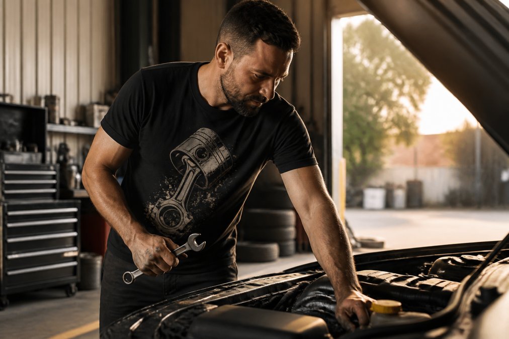 Mechanic wearing a black graphic tee for mechanics while working on an engine in a sunlit garage.