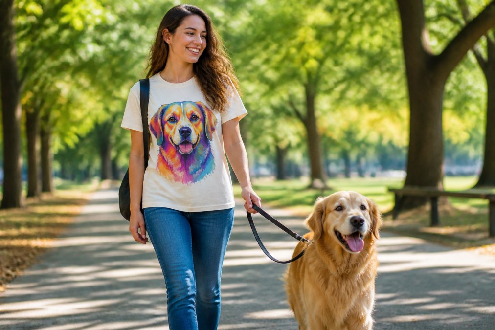 A happy woman in her 30s wearing a vibrant, colorful dog-themed graphic tee, walking a cheerful golden retriever in a sunny park. The shirt design features bold, expressive animal art that is clearly visible and the lighting is warm and natural.