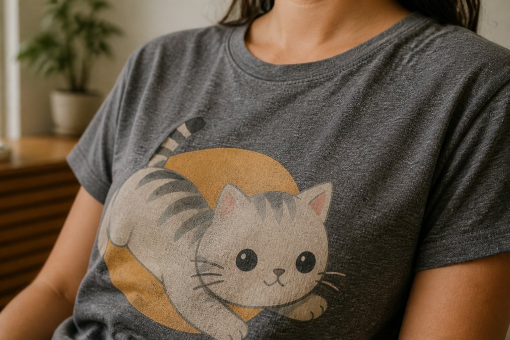Close-up of a person wearing a soft, heathered ring-spun cotton graphic tee with a playful cat design, showing the smooth fabric texture and relaxed fit against bare skin in warm indoor lighting