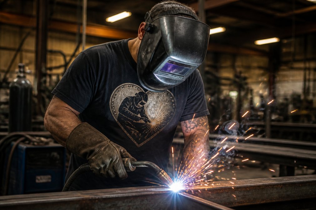 Welder wearing the Steel Love graphic tee while working at a welding station with bright sparks flying from the torch, metal fabrication shop environment with industrial lighting